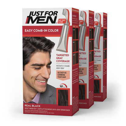 Picture of Just For Men Easy Comb-In Color (Formerly Autostop) Mens Hair Dye, Easy No Mix Application - Real Black, A-55, 3 Pack