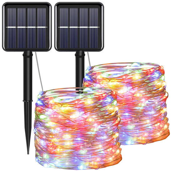 Picture of Solar Christmas String Lights Multicolor Outdoor Waterproof 100 LED（2 Pack） 8 Modes Copper String Lights Fairy Lights for Valentine's Day Garden, Patio, Fence, Balcony, Outdoors(Multicolor 2pcs）