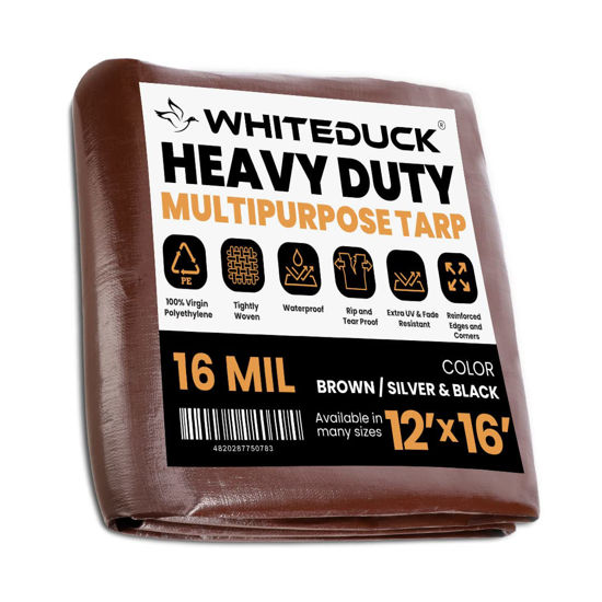 Picture of WHITEDUCK 12' x 16' Super Heavy Duty Poly Tarp Thick 16 Mil Brown, Waterproof 100% UV Resistant Rip/Tear Proof Tarp w/Rustproof Grommets & Reinforced Edges (Finished Size 11'6" x 15'6")