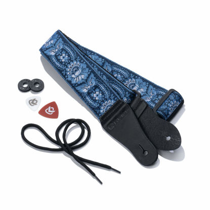 Picture of KLIQ Vintage Woven Guitar Strap for Acoustic and Electric Guitars + 2 Free Rubber Strap Locks, 2 Free Guitar Picks and 1 Free Lace | '60s Jacquard Weave Hootenanny Style | Flower Navy/Light Blue Sunburst