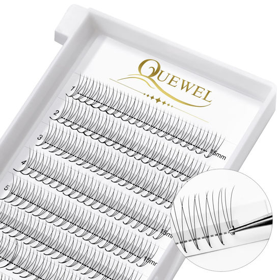 Picture of QUEWEL Premade Fans Eyelash Extensions 3D 0.10C Curl 15mm Middle Part Premade Volume Lash Extensions Short Stem 3D~10D 12D 14D .07/.10 C/D 10-18mm Long Lasting Premade Lash Fans(3D-0.10C-15)