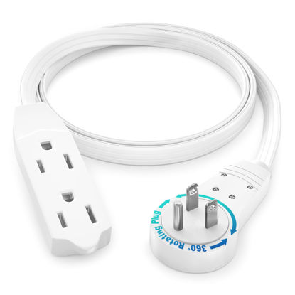 Picture of Maximm Cable 2 Ft 360° Rotating Flat Plug Extension Cord/Wire, 16 AWG 24 Inch Multi 3 Outlet Extension Wire, 3 Prong Grounded Wire - White - UL Certified