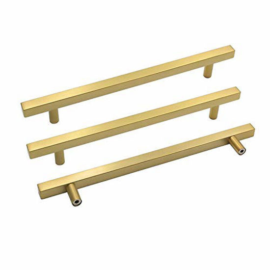 Picture of goldenwarm Gold Cabinet Handles Brushed Brass Cabinet Pulls 5 Pack - LS1212GD224 Gold Pulls for Dresser Square T Bar Drawer Pulls 8-4/5" Hole Centers Brass Drawer Handles