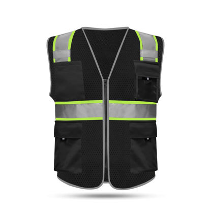 Picture of HYCOPROT High Visibility Mesh Safety Reflective Vest with Pockets and Zipper, Meets ANSI/ISEA Standards (Black(Style-2), Small)