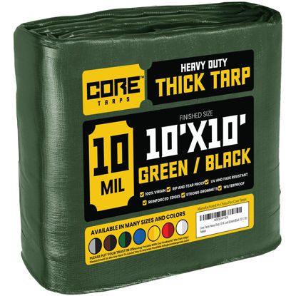 Picture of Core Tarps Heavy Duty 10 Mil Tarp Cover, Waterproof, UV Resistant, Rip and Tear Proof, Poly Tarpaulin with Reinforced Edges for Roof, Camping, Patio, Pool , Boat (Green/Black 10′ X 10′)