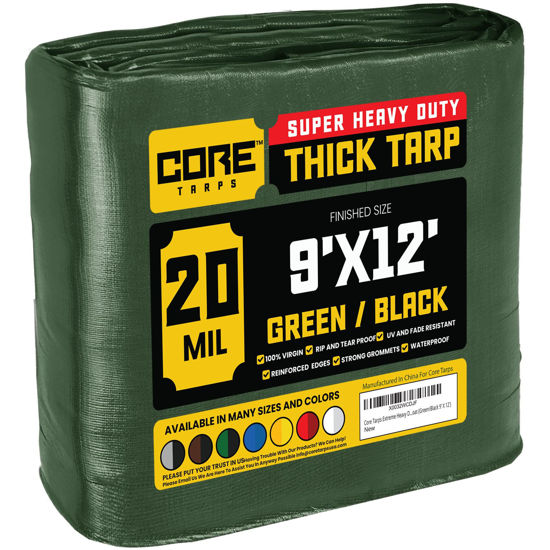 Picture of Core Tarps Extreme Heavy Duty 20 Mil Tarp Cover, Waterproof, UV Resistant, Rip and Tear Proof, Poly Tarpaulin with Reinforced Edges for Roof, Camping, Patio, Pool , Boat (Green/Black 9′ X 12′)