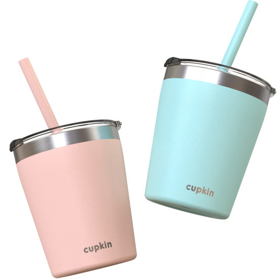 Picture of CUPKIN Toddler Straw Cups - The Original 8 oz Stackable Stainless Steel Cups for Kids - Set of 2 Powder Coated Insulated Straw Cup + BPA Free Lids + Reusable Silicone Straws (8oz Peach + Teal)