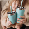 Picture of CUPKIN Toddler Straw Cups - The Original 8 oz Stackable Stainless Steel Cups for Kids - Set of 2 Powder Coated Insulated Straw Cup + BPA Free Lids + Reusable Silicone Straws (8oz Peach + Teal)