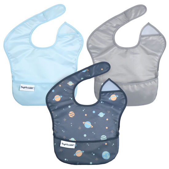 Picture of Tiny Twinkle Mess-Proof Baby Bib - Waterproof Bib for Baby Boy or Girl - Machine Washable - Adjustable Closure - PVC, BPA, & Phthalate Free - Great for Travel - Baby Food Bibs (3 Pack, Space)