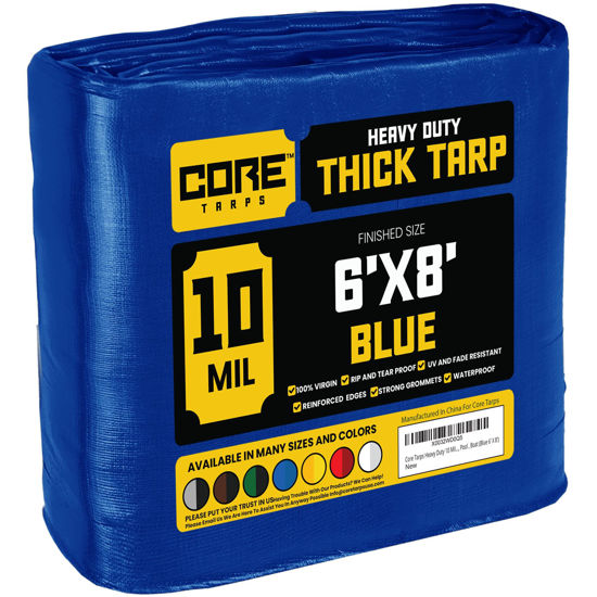 Picture of Core Tarps Heavy Duty 10 Mil Tarp Cover, Waterproof, UV Resistant, Rip and Tear Proof, Poly Tarpaulin with Reinforced Edges for Roof, Camping, Patio, Pool , Boat (Blue 6′ X 8′)