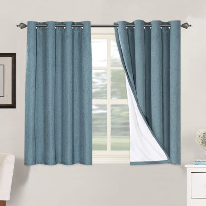 Picture of Linen Blackout Curtains 45 Inches Long 100% Absolutely Blackout Thermal Insulated Textured Linen Look Curtain Draperies Anti-Rust Grommet, Energy Saving with White Liner, 2 Panels, Stone Blue