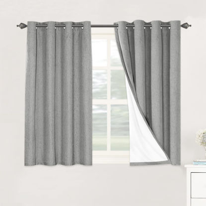 Picture of Linen Blackout Curtains 45 Inches Long 100% Absolutely Blackout Thermal Insulated Textured Linen Look Curtain Draperies Anti-Rust Grommet, Energy Saving with White Liner, 2 Panels, Dove Gray