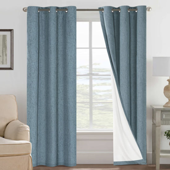Picture of Primitive Linen Curtains 100% Blackout Curtain Drapes Burlap Fabric Curtains with White Thermal Insulated Liner, Grommet Top Curtains Living Room/Bedroom (2 Panels, 42 x 84 Inch, Stone Blue)