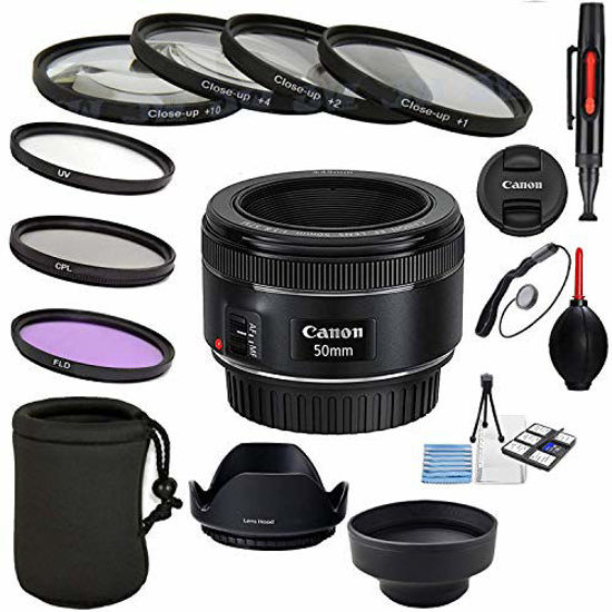 Picture of Canon EF 50mm f/1.8 STM Lens with UV, CPL, FLD + Close up kit + Tulip Hood + Collapsible Hood+ Lens Pen & Blower + Lens Cap + Starter kit