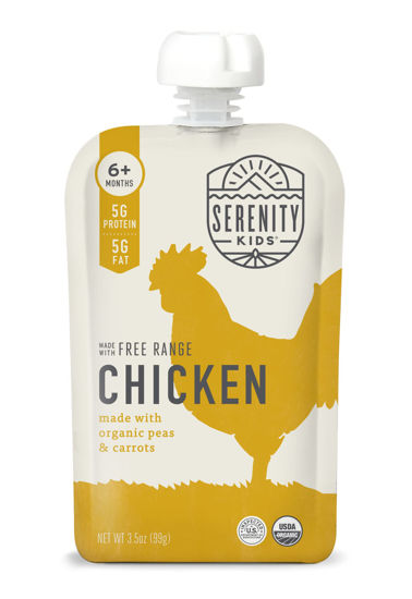 Picture of Serenity Kids 6+ Months Baby Food Pouches Puree Made With Ethically Sourced Meats & Organic Veggies | 3.5 Ounce BPA-Free Pouch | Free Range Chicken, Pea, Carrot | 12 Count