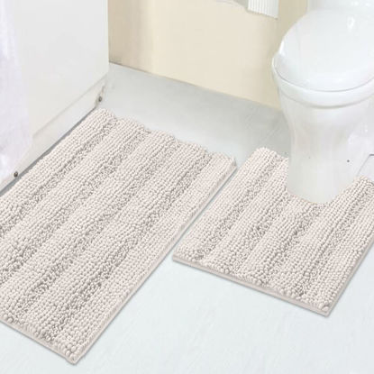 Picture of Chenille Bathroom Rugs Set Non-Slip Bath Mats for Bathroom Super Absorbent Shaggy Shower Mat for Tub Kitchen Soft Plush Bath Rug Plus U Shaped Toilet Mat (Standard: 20" x 32" and 20" x 20" U), Ivory