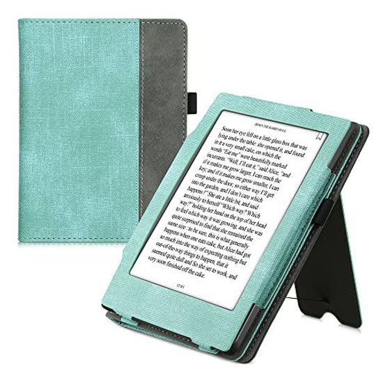 Picture of kwmobile Case Compatible with Kobo Aura H2O Edition 1 - PU Leather Synthetic Suede Cover with Hand Strap - Mint/Dark Grey