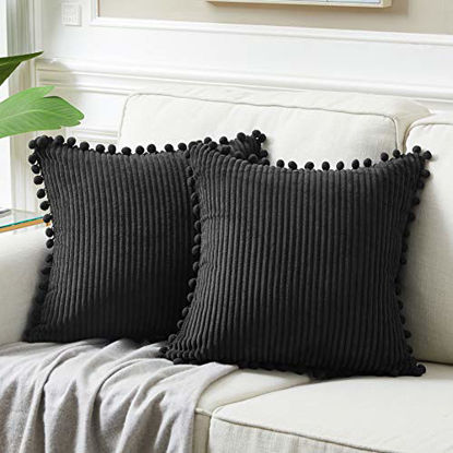 Picture of Fancy Homi Pack of 2 Black Decorative Throw Pillow Covers with Pom-poms, Soft Corduroy Solid Square Cushion Cases Set for Couch Sofa Bedroom Car Living Room (24x24 Inch/60x60 cm, Black)