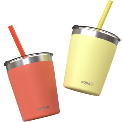 Picture of Cupkin Eco Kids Tumbler Cup - The Original 8 oz Stackable Stainless Steel Metal Straw Cups - Set of 2 Powder Coated Insulated Cup with Straw + BPA Free Lids + Reusable Silicone Straws (Coral + Yellow)