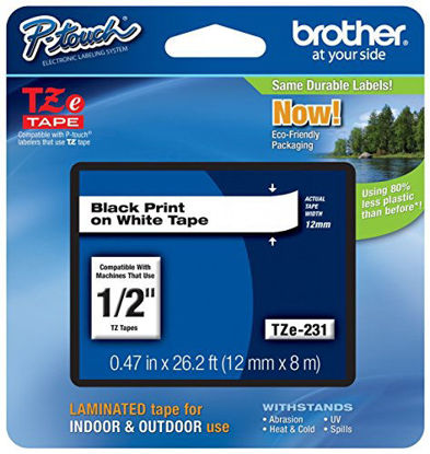 Picture of Genuine Brother 1/2" (12mm) Black on White TZe P-touch Tape for Brother PT-1180, PT1180 Label Maker with FREE TZe Tape Guide Included