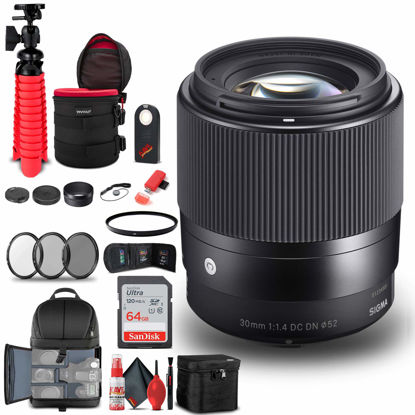Picture of Sigma 30mm f/1.4 DC DN Contemporary Lens for Sony E (302965) Bundle + Backpack + 64GB Card + Card Reader + 3 Piece Filter Kit + Cleaning Set + Flex Tripod + Memory Wallet + IR Remote + Cap Keeper