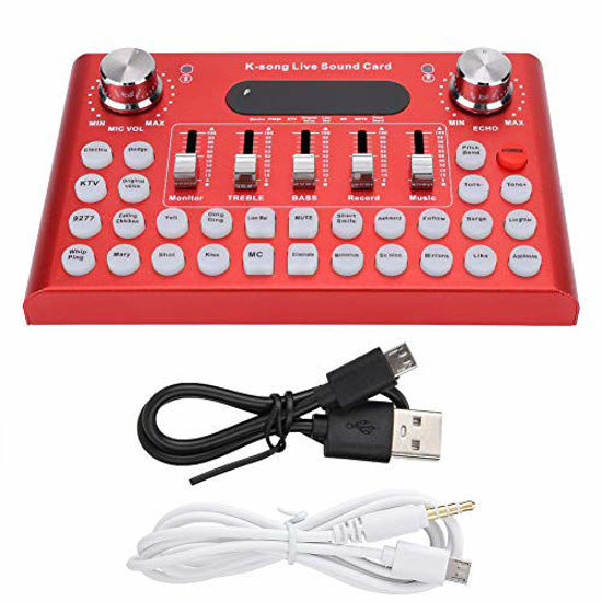 Picture of Aramox Sound Card, Multifunctional Sound Card Portable Live Sound Card Audio Mixer Voice Changer F007 Metal Shell 1200mA DC5V/1A for USB Mobile Phone Computer BT Live Sound Card (Red)