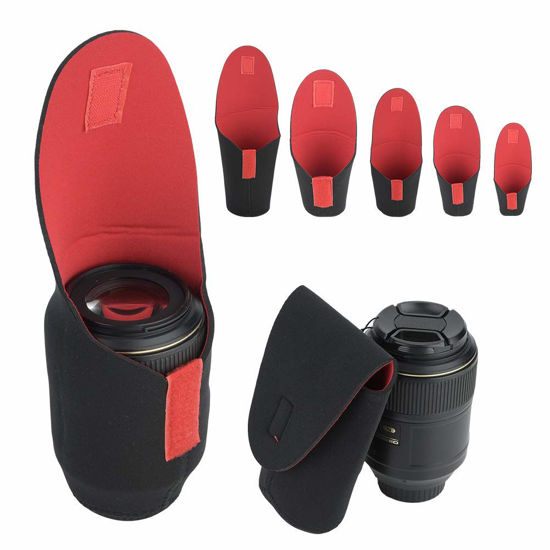 Picture of Camera Lens Pouch, 5pcs Camera Lens Protective Case Anti Scratch Hook Loop Design Neoprene Material Black for SLR