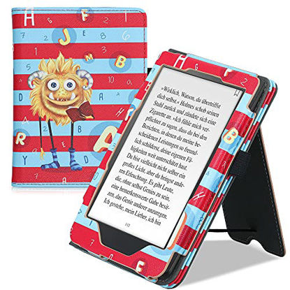 Picture of kwmobile Case Compatible with Kobo Clara HD - Case PU Leather Cover with Magnet Closure, Stand, Strap, Card Slot - Alphabet Monster Yellow/Light Blue/Dark Pink