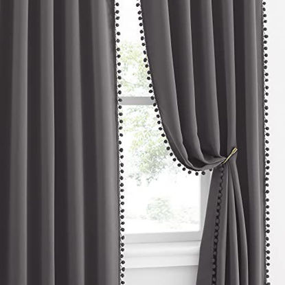 Picture of NICETOWN Pompoms Blackout Curtains Panels for Small Window, Energy Efficient Thermal Insulated Rod Pocket Cute Room Darkening Drapes for Nursery Kids Child Room (2 Panels, W42 x L63 inches, Grey)