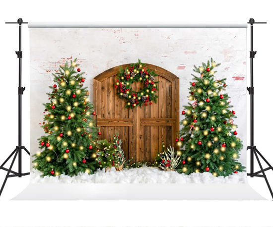 Picture of Kate 7×5ft Christmas Backdrop Photography Brick Wall Wooden Door Christmas Tree Background Decoration New Year's Happy Photography Shed Props for Party Photos Videos