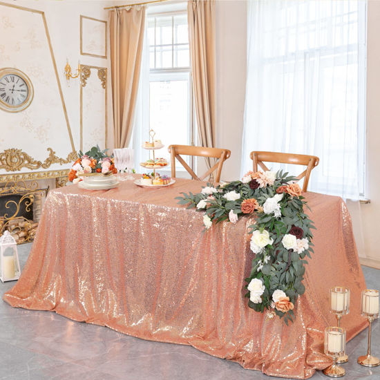 Picture of Rectangle Sequin Tablecloths Shimmer Rose Gold Sequin Tablecloth 90x156inch for Wedding Thanksgiving Tablecloth Sparkle Tablecloth