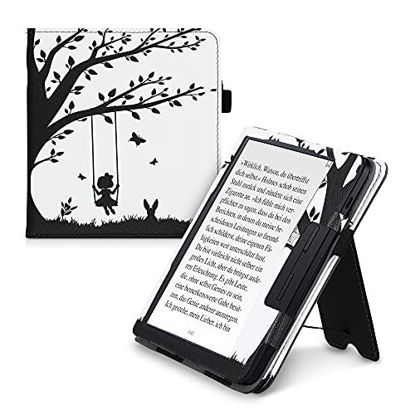 Picture of kwmobile Case Compatible with Kobo Libra H2O - Case PU Leather Cover with Magnet Closure, Stand, Strap, Card Slot - Girl Tree Swing Black/White