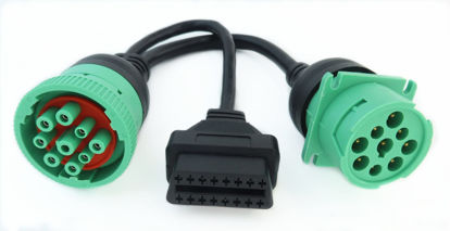 Picture of ARTECKIN Green Type 2 J1939 9pin Female to OBD2 and to J1939 Male Splitter Y Cable for Truck Freightliner GPS ELD Tracker