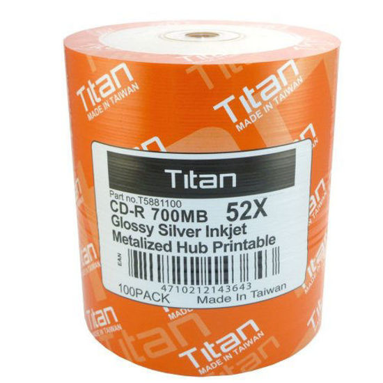 Picture of Titan CD-R 52X, Glossy Silver Inkjet Hub Printable, Metalized Hub printable (T5881100) in 100 Pack Shrink Wrap