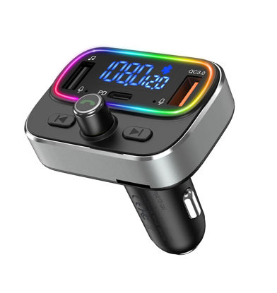 Picture of ORIA Bluetooth FM Transmitter for Car, Upgraded Bluetooth Car Transmitter, Wireless Radio Audio Player, Double Microphone Connection, QC3.0 and USB PD Ports Charger, 7 Colors LED Light Backlit