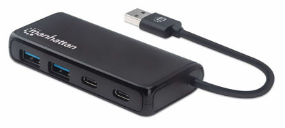 Picture of Manhattan 4-Port Superspeed USB Hub Supporting 5 Gbps Transfer Speeds with Built-in USB-A Male Connector, Two USB-A Female Ports, Two USB-C Female Ports and LED Power Indicator, Bus-Powered, Black