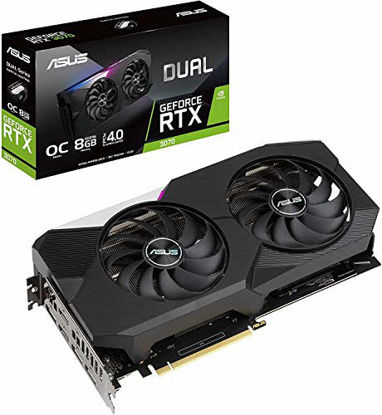 Picture of ASUS Dual GeForce RTX 3070 OC Edition Graphics Card, Dual BIOS, PCIe 4.0, 8GB GDDR6, 2X HDMI 2.1 8K, 3X DisplayPort 1.4, Axial-tech Cooling, Protective Backplate, GPU Tweak II w/ Mytrix HDMI Cable