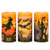 Picture of Eldnacele Halloween Flameless Flickering LED Candles with 6-Hour Timer, Battery Operated Wax Candles Assorted Decals Witch, Bats, Castle Set of 3 for Decoration