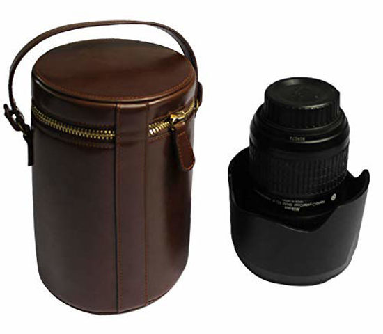 Picture of Zipper PU Leather Lens Case Lens Pouch Bag with Removable Strap for DSLR Camera Lens Dark Brown M