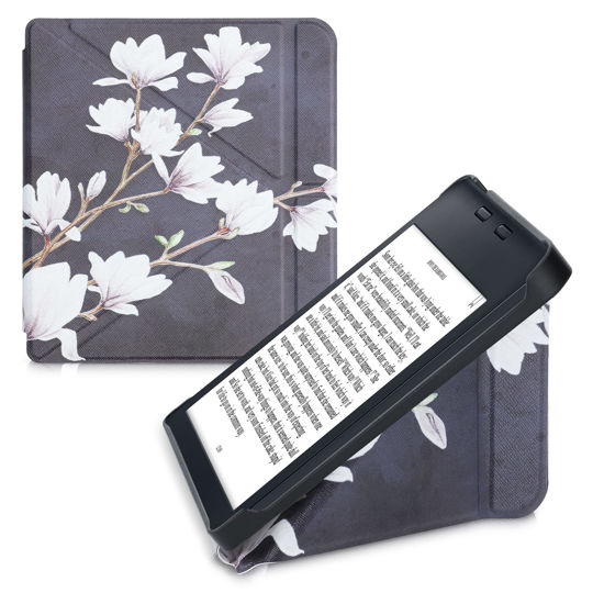 Picture of kwmobile Origami Case Compatible with Kobo Libra 2 - Case Slim Premium PU Leather Cover with Stand - Magnolias Taupe / White / Dark Grey