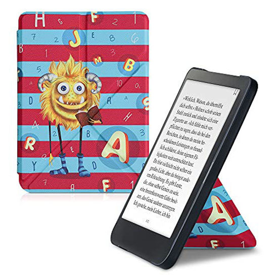 Picture of kwmobile Origami Case Compatible with Kobo Clara HD - Case Slim Premium PU Leather Cover with Stand - Alphabet Monster Yellow/Light Blue/Dark Pink