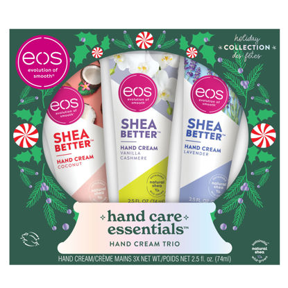 Picture of eos Holiday Collection, Hand Care Essentials, Hand Cream Trio- Coconut, Vanilla Cashmere, and Lavender, 24-Hour Hydration, 2.5 oz, 3-Pack, Clear