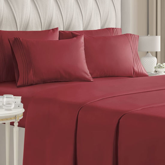 Picture of California King Size Sheet Set - 6 Piece Set - Hotel Luxury Bed Sheets - Extra Soft - Deep Pockets - Easy Fit - Breathable & Cooling - Wrinkle Free - Comfy - Burgundy Bed Sheets - Cali Kings Sheets