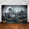 Picture of Avezano Halloween Photography Backdrop Full Moon Scary Night Castle Pumpkins Party Background Spooky Witch Bats Cemetery Child Kids Halloween Party Decorations Photoshoot Backdrops (8x6ft, Gray)