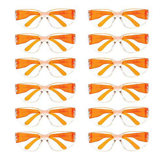 Picture of BISON LIFE Clear Lens Orange Safety Glasses - 12 Pairs Protective Eyewear, Polycarbonate Impact Resistant Lens