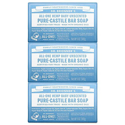 Picture of Dr. Bronner’s - Pure-Castile Bar Soap (Baby Unscented, 5 ounce, 3-pack) - Made with Organic Oils, For Face, Body, Hair, Gentle for Sensitive Skin, Babies, No Added Fragrance, Biodegradable, Vegan