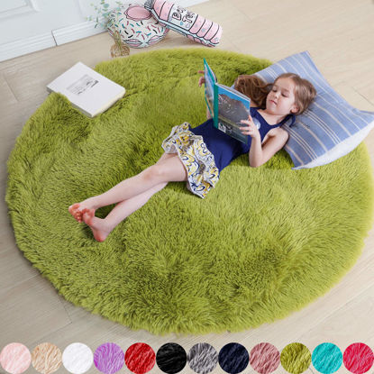 Picture of Grass Green Round Rug for Bedroom,Fluffy Circle Rug 5'X5' for Kids Room,Furry Carpet for Teen's Room,Shaggy Circular Rug for Nursery Room,Fuzzy Plush Rug for Dorm,Green Carpet,Cute Room Decor for Baby