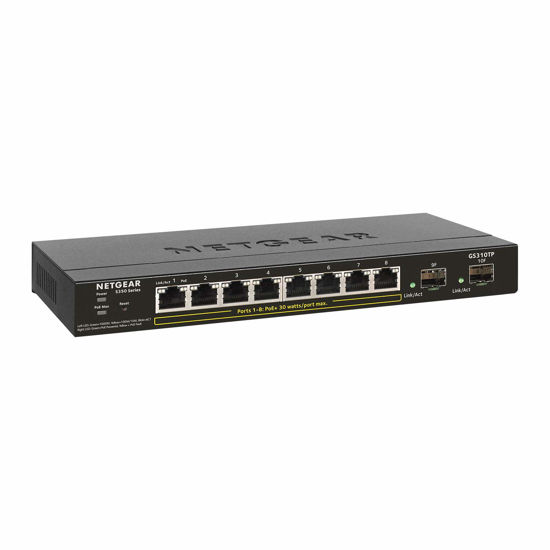 Picture of NETGEAR 10-Port Gigabit Ethernet Smart Managed Pro PoE Switch (GS310TP) - with 8 x PoE+ @ 55W, 2 x 1G SFP, Desktop, Fanless Housing for Quiet Operation, S350 Series