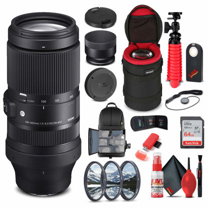 Picture of Sigma 100-400mm f/5-6.3 DG DN OS Contemporary Lens for Sony E (750965) Bundle + Backpack + 64GB Card + Lens Case + Card Reader + 3 Piece Filter Kit + Cleaning Set + Flex Tripod + More