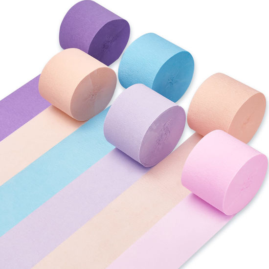 Picture of PartyWoo Crepe Paper Streamers 6 Rolls 492ft, Pack of Peach, Purple, Light Pink and Pastel Blue Party Streamers for Mermaid Birthday Decorations, Mermaid Party Decorations (1.8 Inch x 82 Ft/Roll)